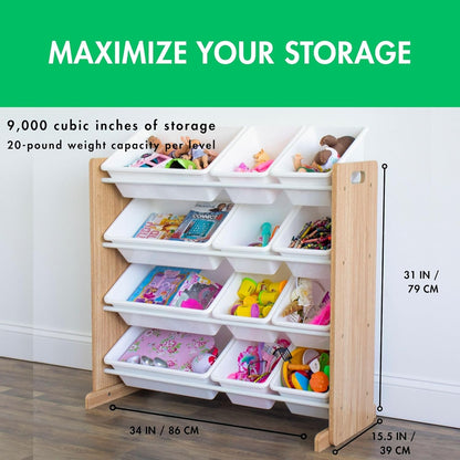 Humble Crew Kids Toy Storage Organizer with 12 Plastic Bins, Natural Wood/White – Removable Bins for Playroom, Bedroom, Toddler Furniture for Boys and Girls Ages