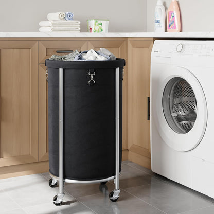 ELYKEN Laundry Hamper with Wheels, 110L Rolling Laundry Basket, Round Laundry Cart with Steel Frame and Removable Bag, 4 Casters and 2 Brakes, Dirty Clothes Hamper for Hotel, Home, Closet, Dorm, Black