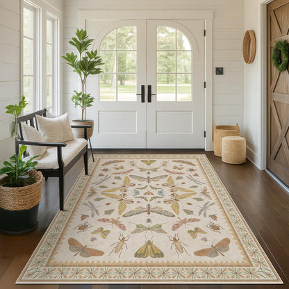 Washable Neutral Area Rug Living Room, 5x8 Washable Rugs for Bedroom Under Bed, Nursery Room, Boho Vintage Insect Butterfly Non-Slip Low Pile Stain Resistant - Beige/Yellow