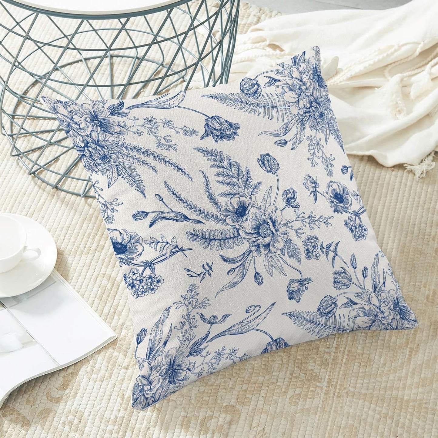 CXMEIFLY Spring Floral Leaves Pillow Covers 16 x 16 Inch Set of 2 for Chinoiserie Flowers Decor Throw Pillows Blue and White Seasonal Plant Outdoor Decorative Cushion Cases for Couch Bed Decorations