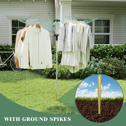 Outdoor Umbrella Drying Rack 165 Feet Umbrella Clothesline with 12 Lines Rotary Drying Rack Adjustable Height 4-Arm Foldable Clothes Drying Rack with Protective Cover for Backyard- Green