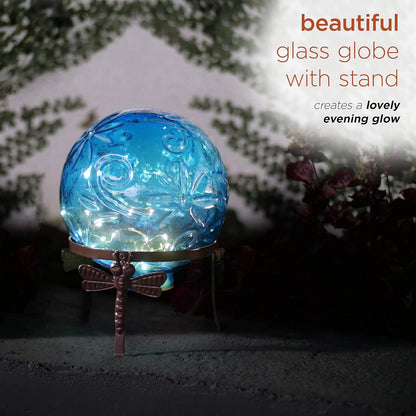 Alpine Corporation 13" Tall Indoor/Outdoor Pearlized Blue Glass LED Gazing Globe with Stand