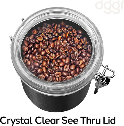 Oggi Stainless Steel Kitchen Canister 47 fl oz, Black - Airtight Clamp Lid, Clear See-Thru Top - Ideal for Kitchen Storage, Food Storage, Pantry Storage. Large Size 5" x 6".