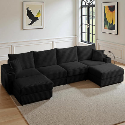Modular Sectional Sofa Couch, Plush Corduroy Fabric Sectional Couches for Living Room with USB Charging Ports, Phone Holders, and Multi-Functional Storage Armrests (Black, 4set+2ottoman)