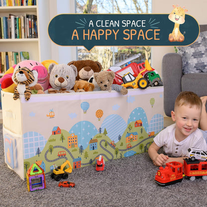 Extra Large Toy Storage Organizer with Lid - Sturdy, Collapsible Toy Chest Storage Box with Cute Design - Toys Bin with Dividers for Kids, Boys, Girls, Nursery, Bedroom, Play room 37"x16"x14"