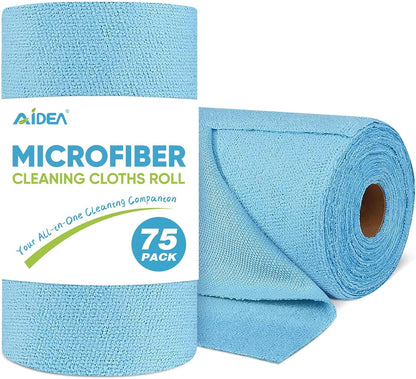 AIDEA Microfiber Cleaning Cloth Roll, 75PK, Reusable Tear Away Paper Towels, Microfiber Towels for Cars, Washable Shop Rags Blue, Lint Free Rags for House, Mechanic, Workshops, 11.5"×11.5"