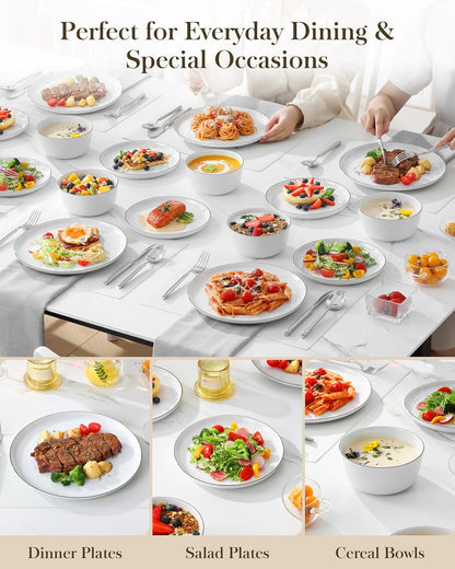 MALACASA 24 Pieces Gourmet Porcelain Dinnerware Sets, Premium Plates and Bowls Set, High-Fired Dishes Set for 8, Chip & Scratch Resistant, Microwave Dishwasher Safe, White & Black Rim, Series LEXI