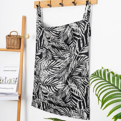 Linen Hanging Laundry Bag, 100% Linen Leaf Print Over The Door Laundry Hamper with Buttons and Zipper, Space Saving Door Hampers for Laundry Dirty Clothes Home Travel, Black, 19.7x27.5inches