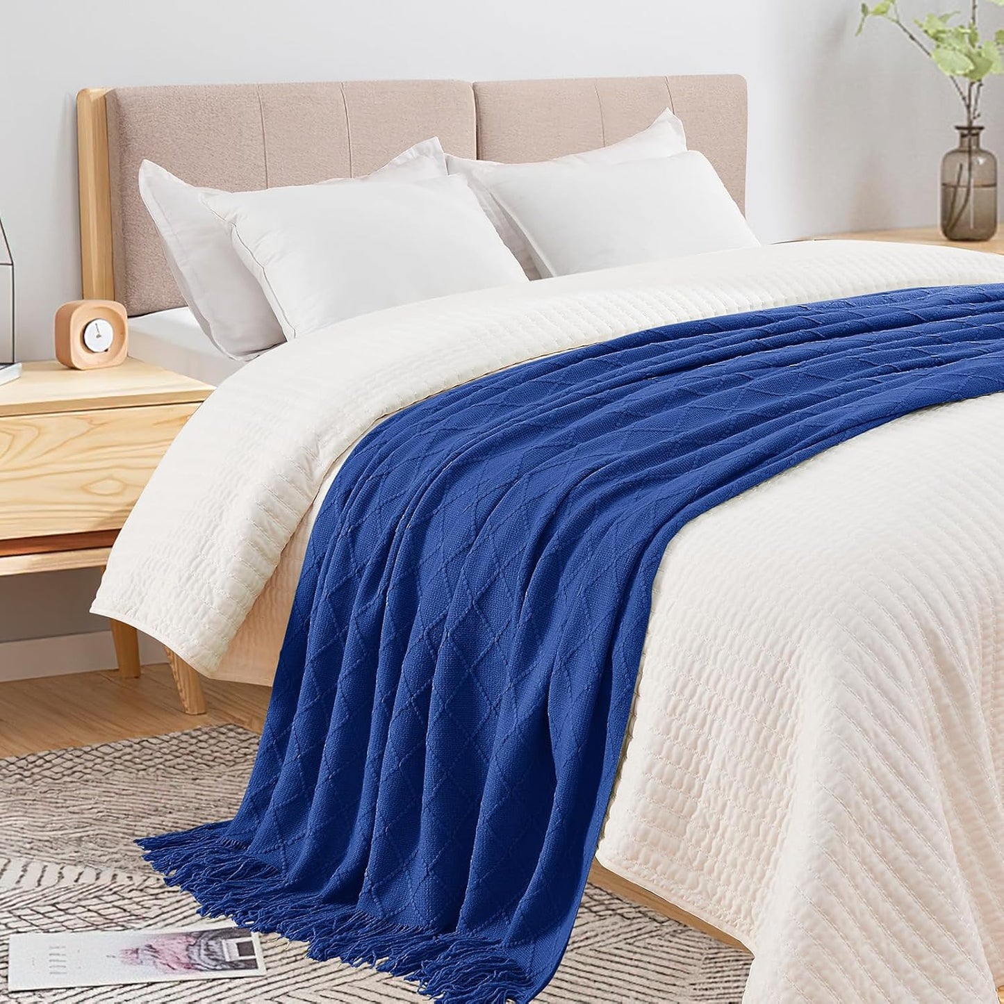 inhand Knit Klein Blue Throw Blanket for Couch, Soft Living Room Home Decor Knitted Twin Size Blanket, Outdoor Lightweight Breathable Summer Blanket, Farmhouse Warm Woven Decorative, 60"x80"