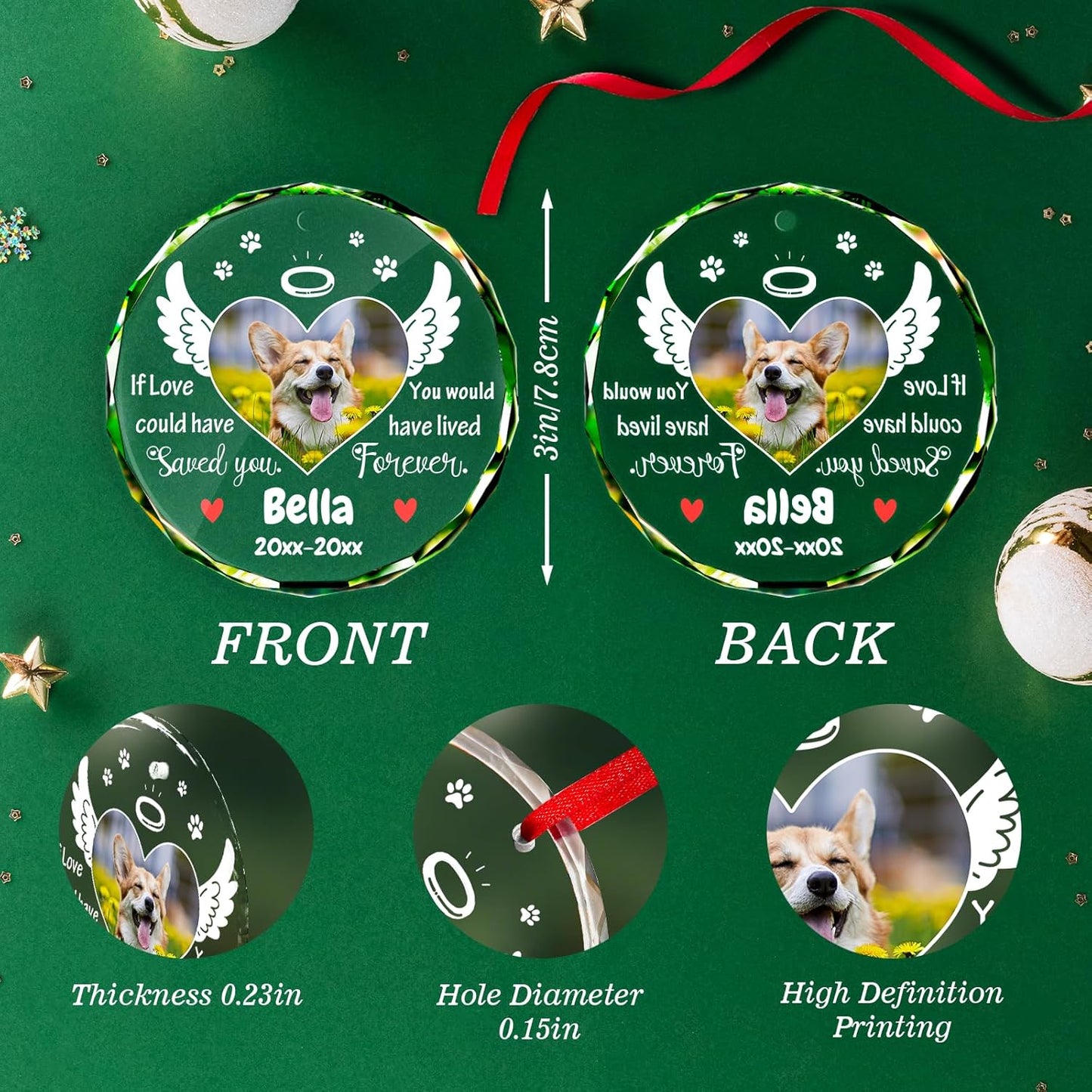 Personalized Memorial Pet Glass Ornament - Custom Picture Christmas Ornaments, Dog Forever in Our Hearts Hanging Ornament Xmas Tree Decor for Dog Lovers