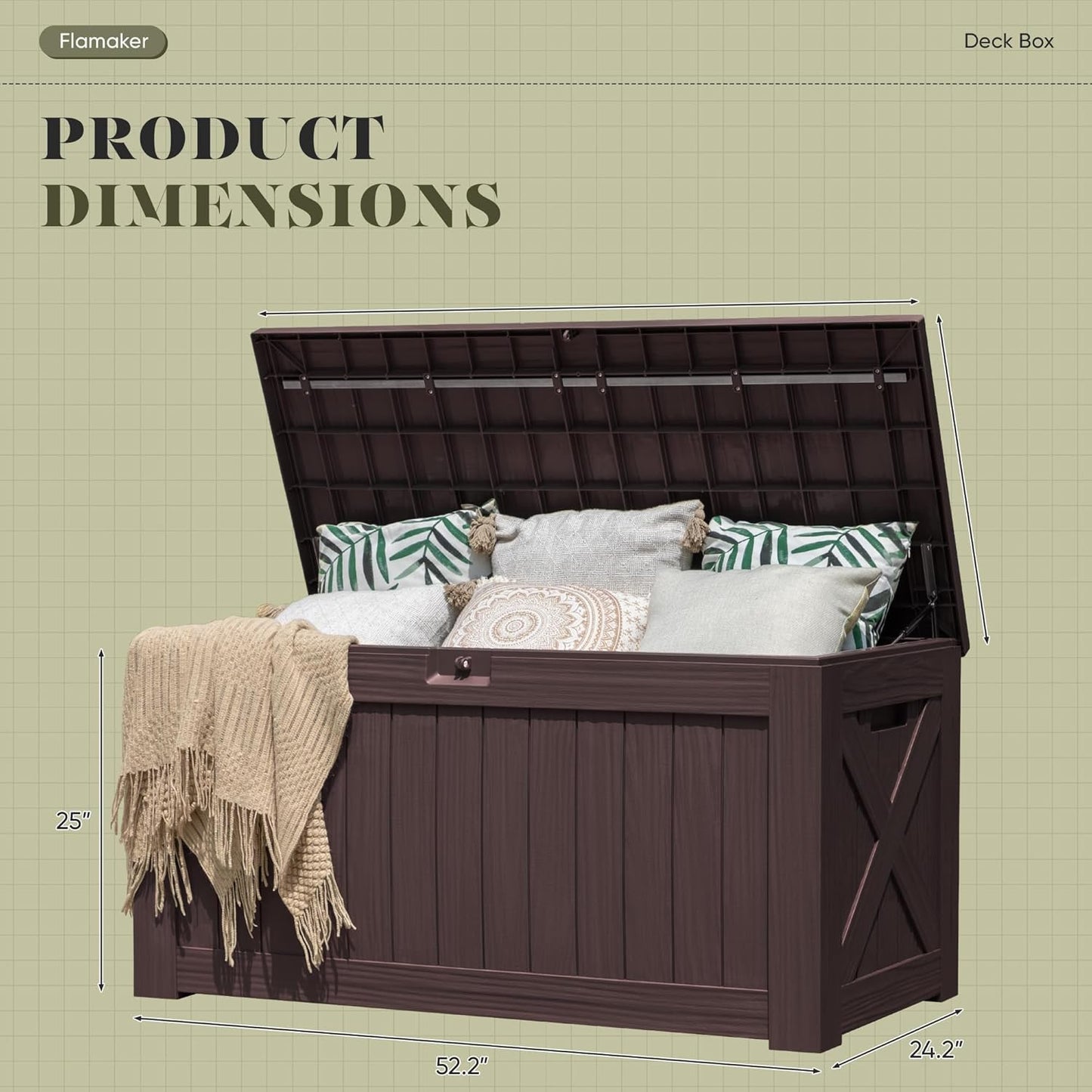 Flamaker Resin Deck Box 120 Gallon Waterproof Large Outdoor Indoor Storage Box Imitation Wood Resin for Patio Furniture Garden Tools and Pool (Deep Brown)