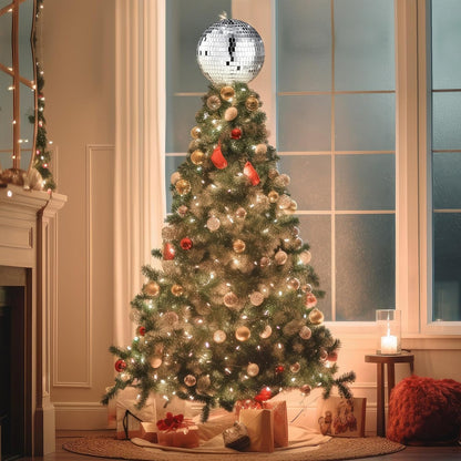Retisee 6'' Disco Ball Christmas Tree Topper Silver Mirror Xmas Tree Topper 3D Hollow Silver Disco Ball Decor for 70s Holiday Wedding Birthday Party Decorations