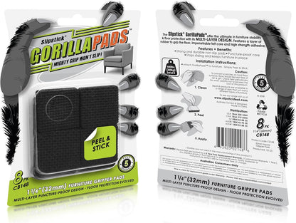 Slipstick GorillaPads CB148 Non Slip Furniture Pads/Rubber Gripper Feet (Set of 8) Self Adhesive Anti-Skid Floor Protectors, 1-1/4 inch Square, Black