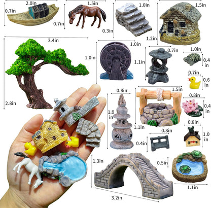 37PCS Fairy Garden Accessories, Miniature Nature Village Theme Fairy Garden Supplies for Outdoor, Mini Resin Animals House Bridge Pool Figurines Micro Landscape Succulent Plant Pots Terrarium Decor