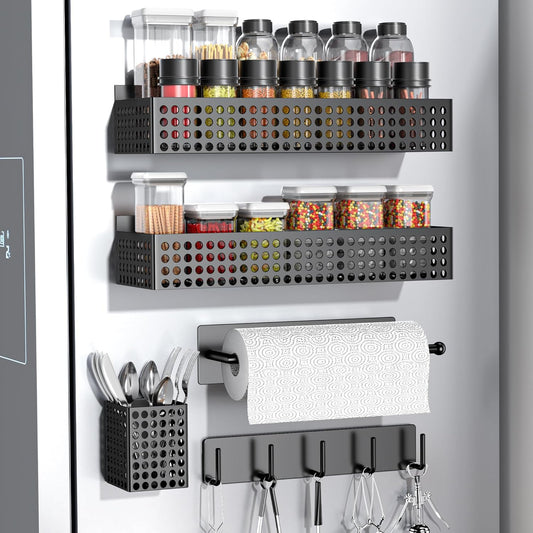 Magnetic Spice Rack for Refrigerator 2 Tiers and Paper Towel Holder and Utensil Holder, Magnetic Refrigerator Organizer, Strong Magnetic Fridge Shelf, Side Fridge Storage Rack for Kitchen