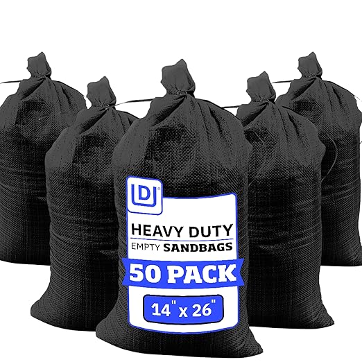 DURASACK Heavy Duty Sand Bags with Tie Strings Empty Woven Polypropylene Sand-Bags for Flood Control with 1600 Hours of UV Protection, 50 lbs Capacity, 14x26 inches, Black, Pack of 50