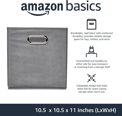 Amazon Basics Collapsible Cube Storage Organizer Bins, 6-Pack, 10.5 x 10.5 x 11 inches, Light Grey