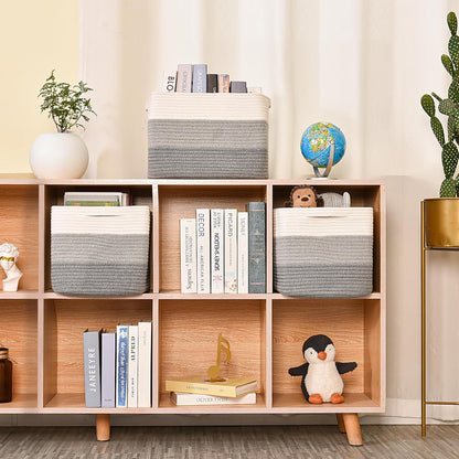 Storage Baskets for Organizing Shelves, Woven Cotton Rope Baskets for Storage Books Towels Toys, Organizing Baskets, Toy Basket for Nursery Bathroom, 15"x11"x9.5", 3 Packs, Gradient Grey