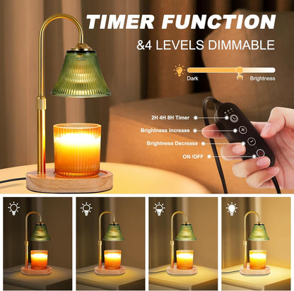 Candle Warmer Lamp, Height Adjustable Candle Warmer with Timer & Dimmer, Electric Candle Lamp with 2 50W Bulbs, Wax Melt Warmer for Scented Jar, Vintage Home Decor Glass Shade(Light Green)