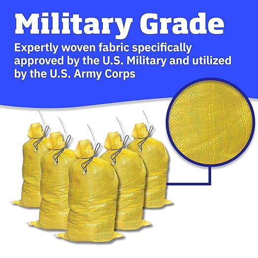 DURASACK Heavy Duty Sand Bags with Tie Strings Empty Woven Polypropylene Sand-Bags for Flood Control with 1600 Hours of UV Protection, 50 lbs Capacity, 14x26 inches, Yellow, Pack of 50