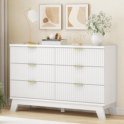 Fluted Dresser for Bedroom with 6 Drawers, 48" Wide Modern Chest of Drawers with Metal Handle, Wooden Dresser TV Stand, Wood Closet Clothes Storage Drawer Organizer for Living Room, Hallway, White
