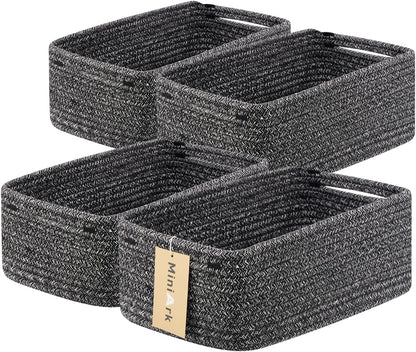 Small Storage Baskets for Organizing | Closet Organizer Bins | Shelf Toy Basket | Woven Rope Baskets | Cube Decorative Box | Shallow Basket | 13x8.5x5.1” | 4 Packs Dark Gray