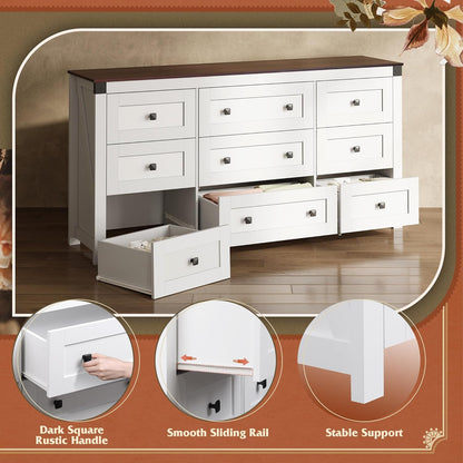 WLIVE Farmhouse Dresser for Bedroom, 63" Wide 9 Drawer Dresser Storage Organizer, Wood Chest of Drawers for Bedroom, TV Stand for 70 inch TV, for Living Room, Hallway, Ball Bearing Slide (White)