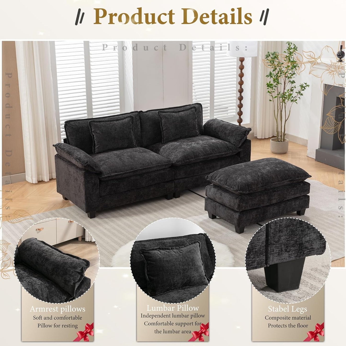 URRED Modular Sectional Sofa Comfy Cloud Couch, Modern Chenille Sofa Sleeper Deep Seat Couches with Ottoman/Pillows for Living Room (Black, 82.6''- L Shape)