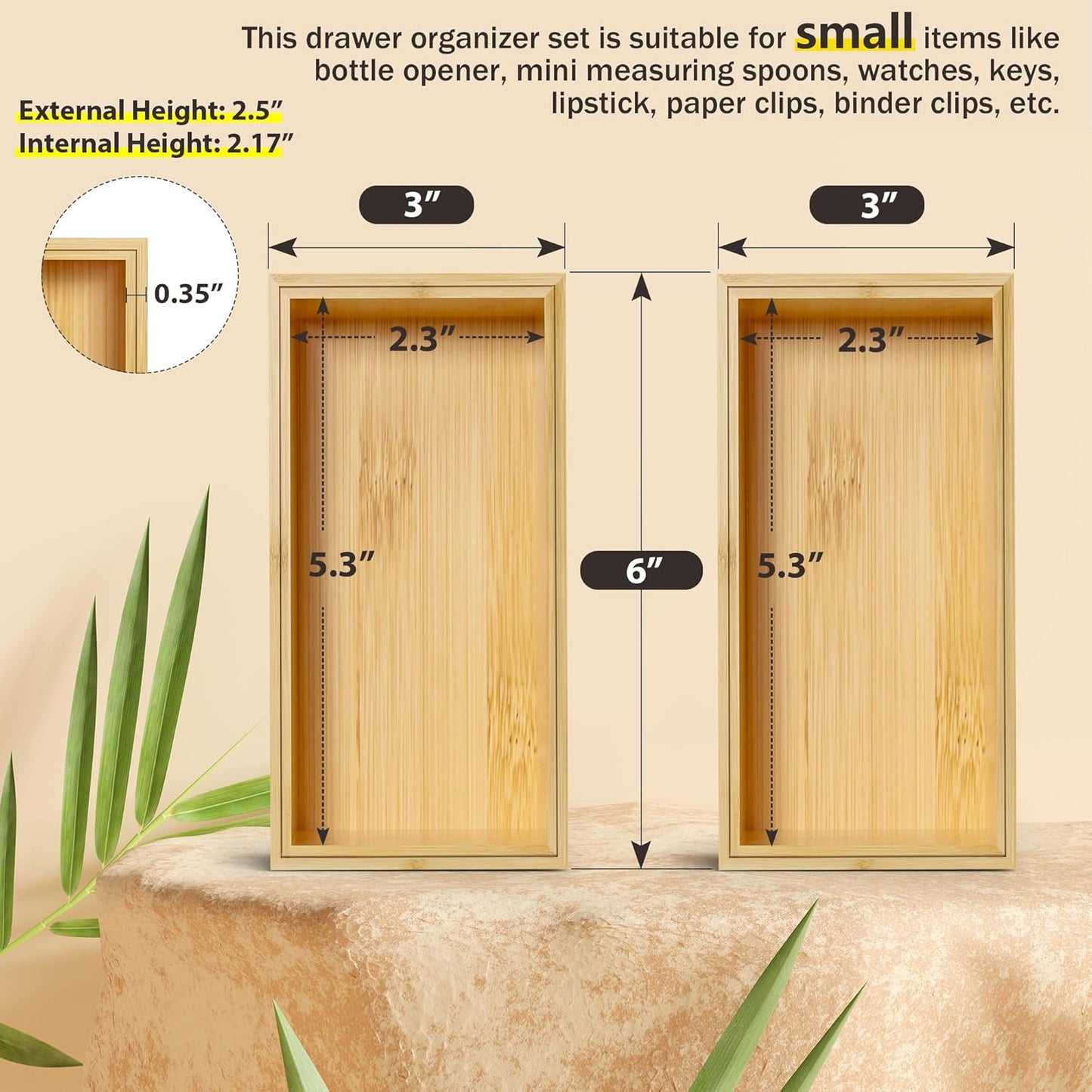 Kitchen Drawer Organizer Bins, Stackable Bamboo Deep Drawer Organizer for Silverware, Utensils, Cutlery, Flatware, Junk Drawer, Dresser, Bathroom, 6" x 3" x 2.5" (Set of 2)