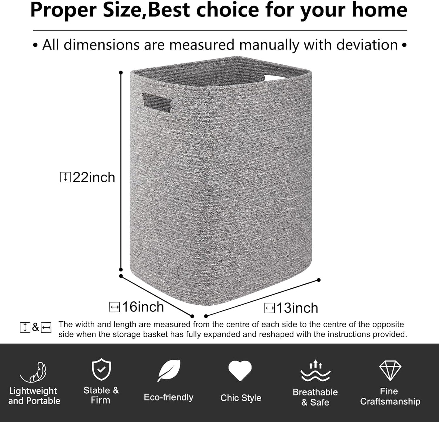 OIAHOMY Laundry Hamper, Laundry Basket，Rectangle Cotton Storage Basket with Handles, Large Blanket Basket for Living room, Woven Decorative Storage for Toys,Clothes,Pillows-16x13x22in-Grey variegated