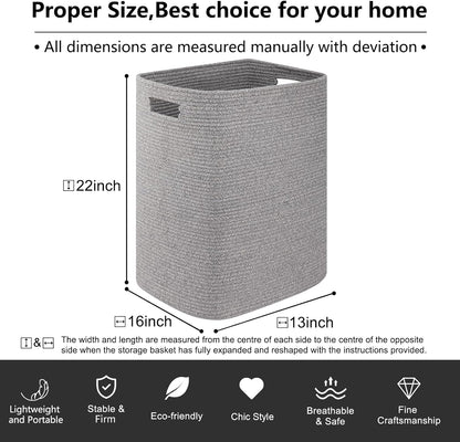 OIAHOMY Laundry Hamper, Laundry Basket，Rectangle Cotton Storage Basket with Handles, Large Blanket Basket for Living room, Woven Decorative Storage for Toys,Clothes,Pillows-16x13x22in-Grey variegated