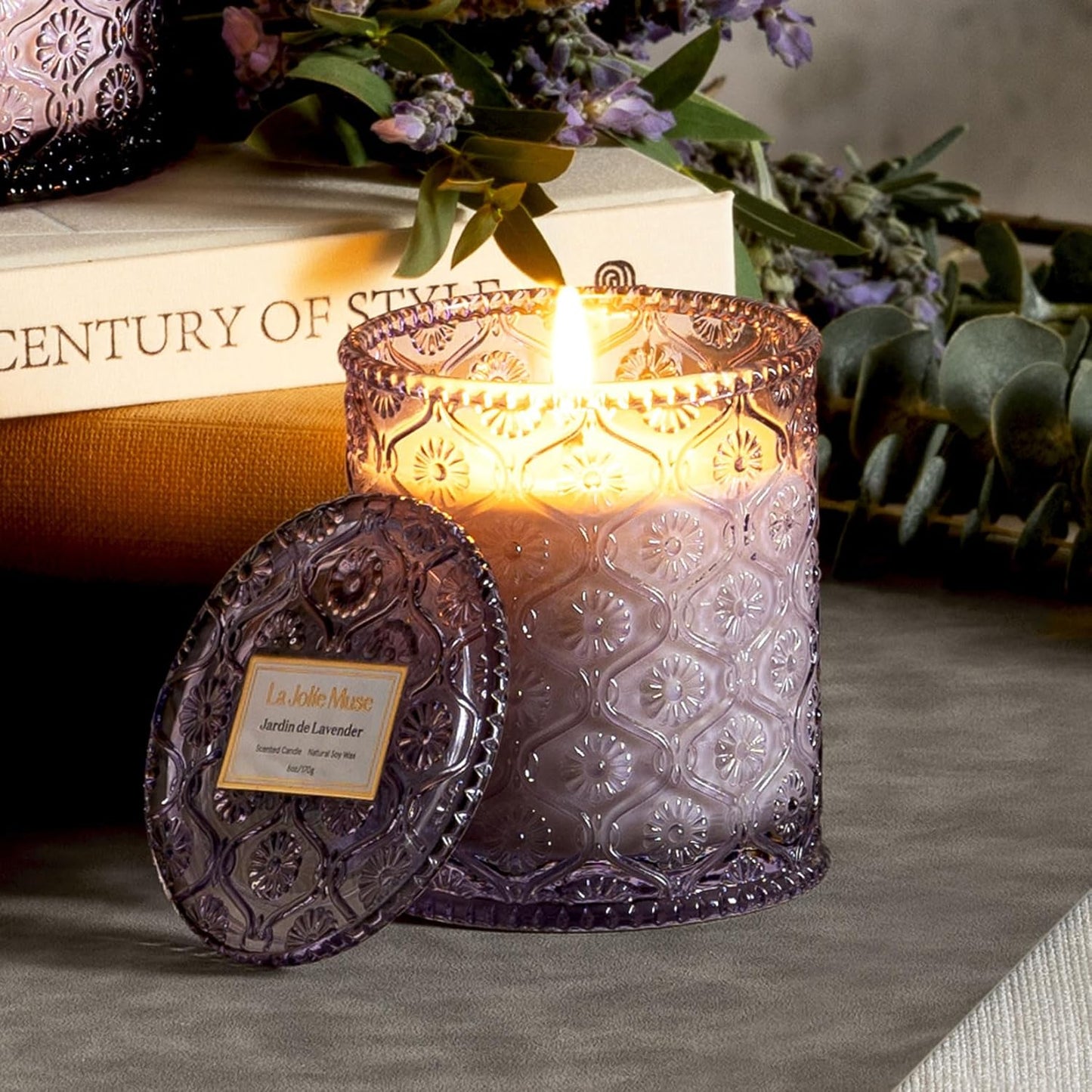 LA JOLIE MUSE Jardin de Lavender Scented Candle - Coconut, Lavender & Sandalwood | 6 oz Natural Soy Wax | 40 Hours Clean Burn | Aromatherapy Candle for Relaxation | Elegant Home Decor