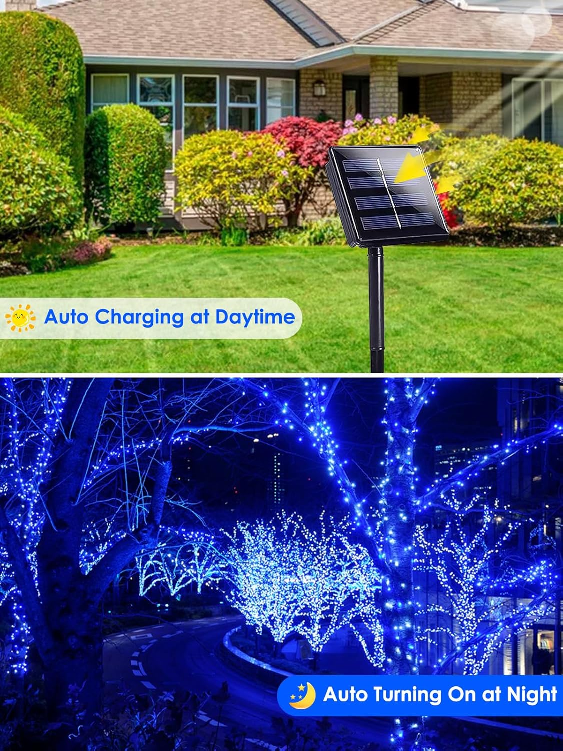 Solar Christmas Lights Outdoor Decorations Waterproof, Tatal 4 Pack 400LED 132FT Blue Solar String Lights Green Wire with 8 Modes, Christmas Fairy Light for Xmas Tree Party Wedding Yard Garden Decor