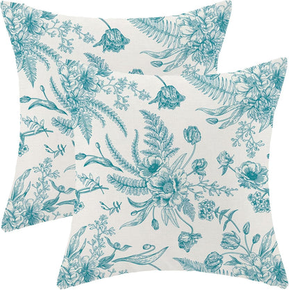 CXMEIFLY Aqua Teal Spring Pillow Covers 18 x 18 Inch Set of 2 for Chinoiserie Flowers Decor Throw Pillows Floral Leaves Seasonal Plant Outdoor Decorative Cushion Cases for Couch Bed Decorations