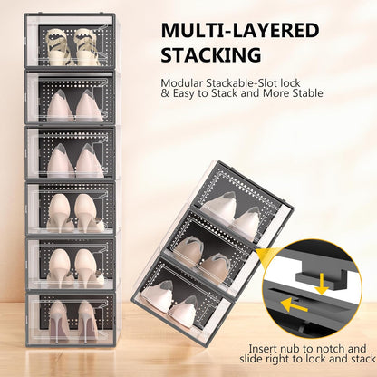 12 Pack X Large Shoe Storage Organizer for Closet, Modular Space Saving Shoe Boxes Clear Plastic Stackable Containers Display Case Bins with Lids, Black