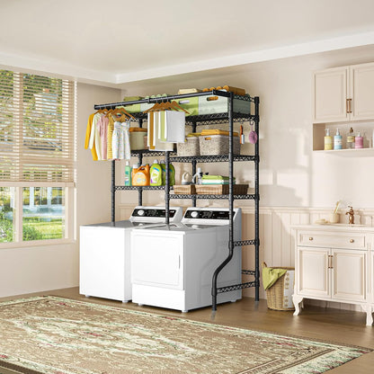 Ulif U13 Over Washer and Dryer Storage Shelves, 6 Tiers Laundry Room Standing Shelf with 2 Hanger Rods, Space Saver Clothes Drying Rack, 63.4" W x 22" D x 77.4" H, Black