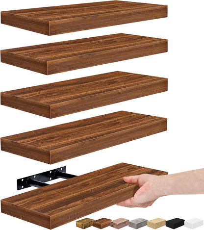 Sorbus Floating Shelves for Wall, Bathroom Shelves Wall Mounted for Kitchen, Bedroom, Living Room, Bathroom Storage, Over Toilet, Hanging Book Shelf for Ｗall Home Decor (Walnut, 5 Pack)