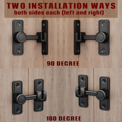 Barn Door Privacy Latch, 90°/180° Swing Slide Lock, Zinc-Alloy, Adhesive or Screw Mount, Interior Use for Bathroom/Bedroom/Closet/Shed, Includes Screws & Glue - Black