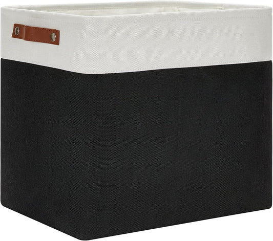 DULLEMELO Large Fabric Basket for Organizing, 17"x12"x15" Storage Basket With Leather Handles, Collapsible Storage Bin for Clothes, Toys, Books, Office, Bedroom, Closet, Nursery&Laundry (White&Black)