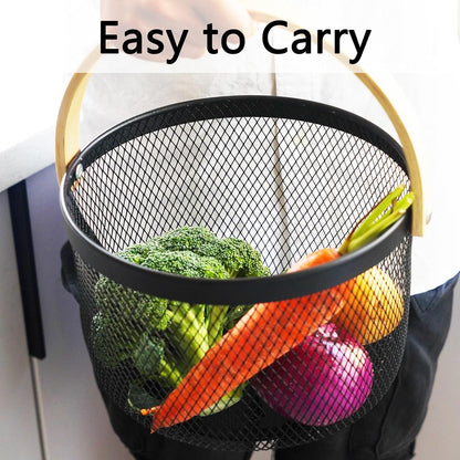 Metal Mesh Steel Basket, Garden Harvest Basket for Gathering Vegetables Round Wire Basket with Handle Storage Organizer Multi-functional Hanging Fruit Basket for Kitchen Bathroom Picnic