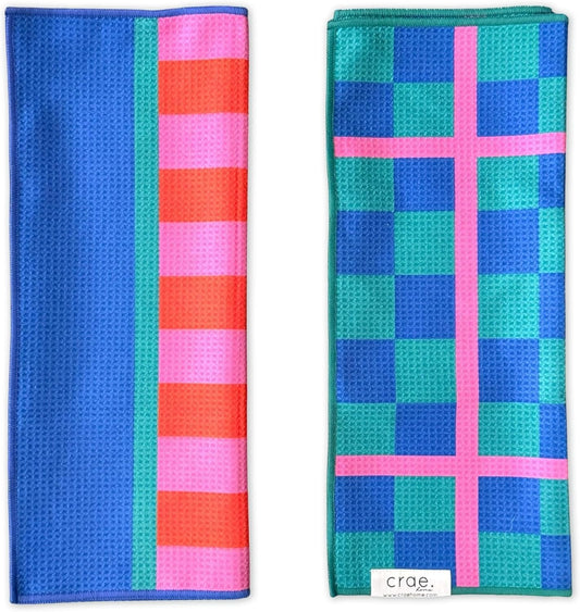 2 Double Sided Microfiber Hand Towels, 17x27 Inches Waffle Design Kitchen Towels Set, Durable & Soft Fast Drying Hand Wash Cloth, Everyday Use Dishcloth at Home (Collins/Marine)