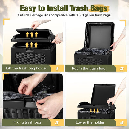 Devoko 33 Gallon Outdoor Trash Can with Dual Lid, Heavy Duty Waterproof Resin Garbage Bins Outside, Hideaway Waste Bins for Patio, Outside Pool, Backyard and Deck (2, Black)