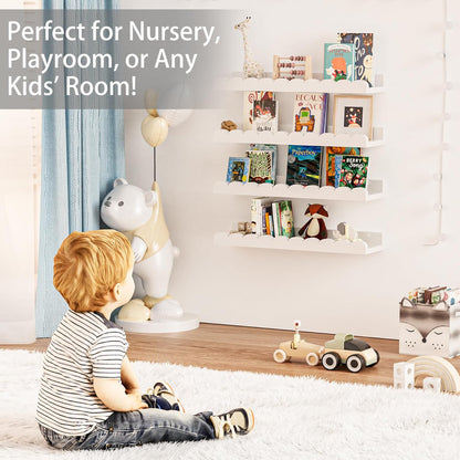 Nursery Book Shelves for Wall - Floating Kids Bookshelf for Bedroom, Nursery and Playroom - Wall Mounted, Space Saving, Easy to Install, Holds Multiple Books - Ideal for Children’s Room Storage