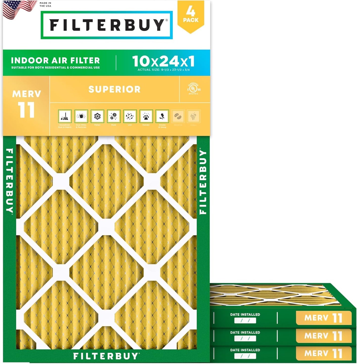 Filterbuy 10x24x1 Air Filter MERV 11 (MPR 1200) Allergen Defense Replacement (4-Pack), Electrostatic Pleated HVAC AC Furnace Filters, Made in USA (Actual Size: 9.50 x 23.50 x 0.75)