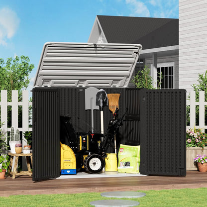 ZZM Large Outdoor Storage Shed, 48 Cu Ft Resin Versatile Storage Cabinet for Patio Accessories, Trash Cans & Garden Tools, Durable Horizontal Storage Box with Lockable Lid (Black)