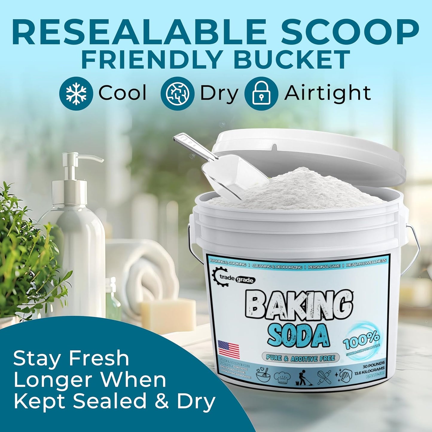 TradeGrade Pure Baking Soda Powder – 30 lb Bucket, Sodium Bicarbonate Powder | Premium Food-Grade for Baking, Bread, Cookies & More | Baking Soda for Cleaning, Natural Cleaner & Deodorizer