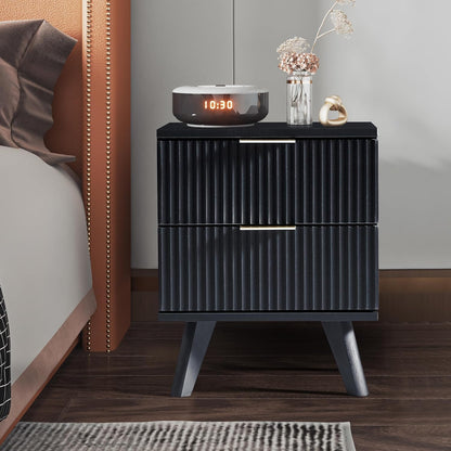 Fluted Nightstand, Mid Century Modern 2 Drawer Bedside Table for Bedroom, Small Dresser Night Stand Side Table End Tables with Wood Drawer Storage for Bedroom Closet(Black)