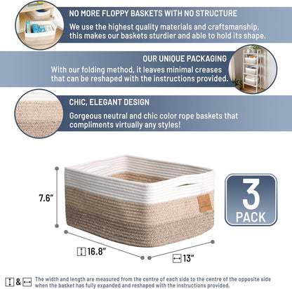 NaturalCozy Storage Baskets 16.8”x13”x7.6” Cotton Rope Woven Baskets for Organizing 3-Pack | Toy Storage Bins | Basket for Shelves, Laundry, Blanket, Clothes, Closet, Kitchen, Bathroom, Gifts
