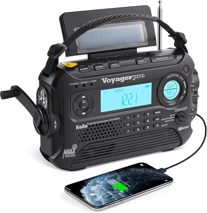 Kaito Voyager Pro KA600 Digital Solar Dynamo Hand Crank AM/FM/LW/SW & NOAA Weather Emergency Radio with Flashlight, Reading Lamp,Smart Phone Charger & RDS and Real-Time Alert, with AC Adapter, Black