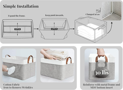 StorageWorks 45L Large Storage Bins for Closet and Shelves, Fabric Organizer Baskets with Metal Frame for Clothes, Towels, Collapsible Storage Basket, Gray and White, 2-Pack